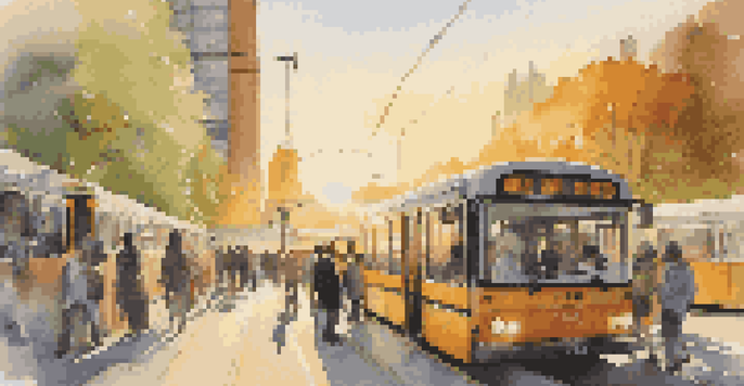 A busy public transport station with a modern bus and train, diverse commuters, and a sunset in the background.