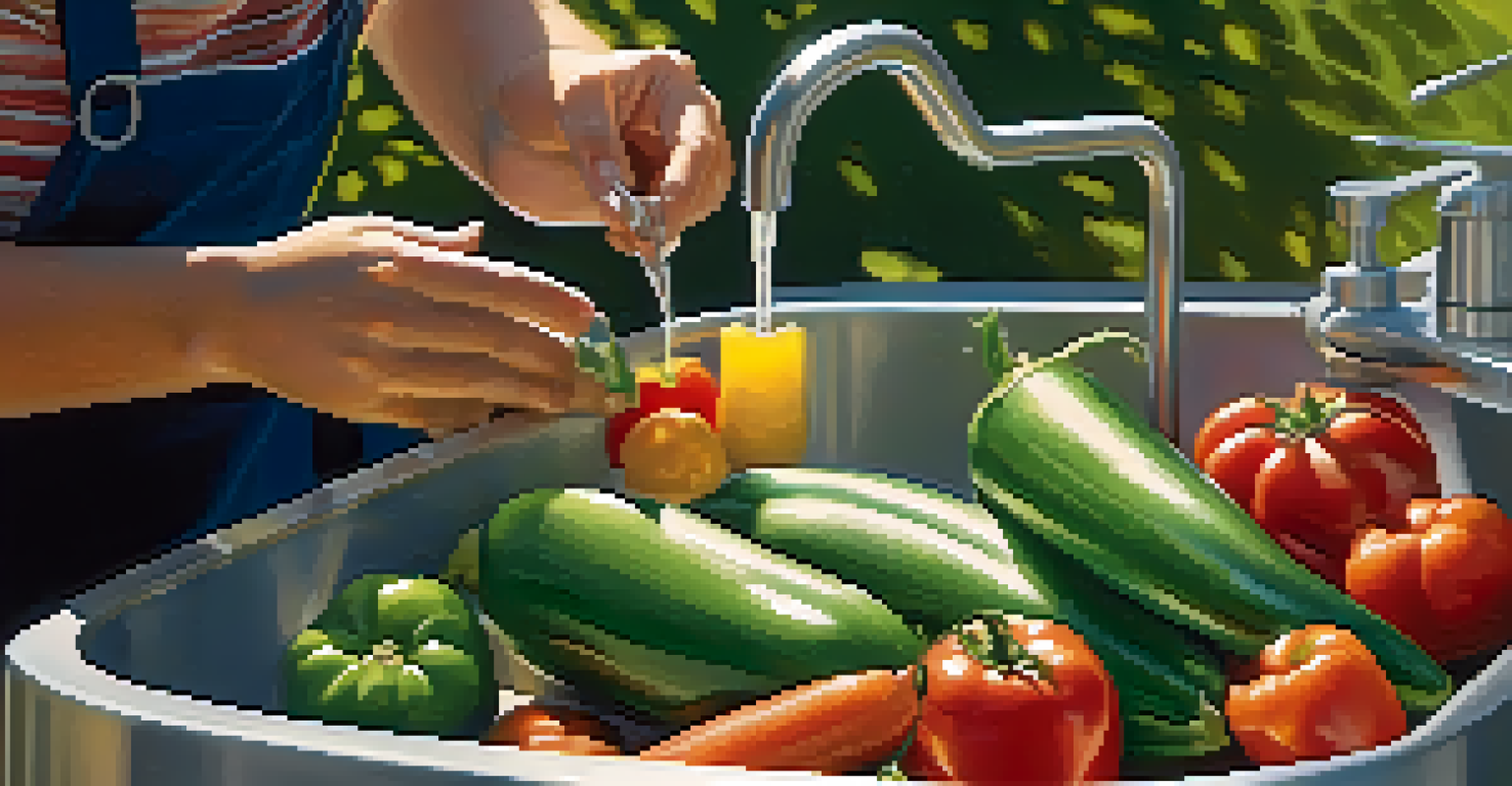 Close-up of hands washing vegetables at a portable camping sink, emphasizing food safety in a beautiful natural setting.