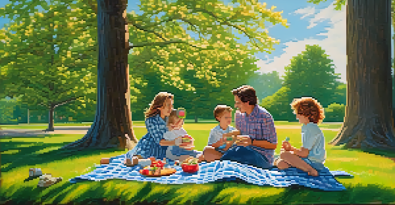 A family enjoying a picnic in a sunny park with flowers and trees around them.