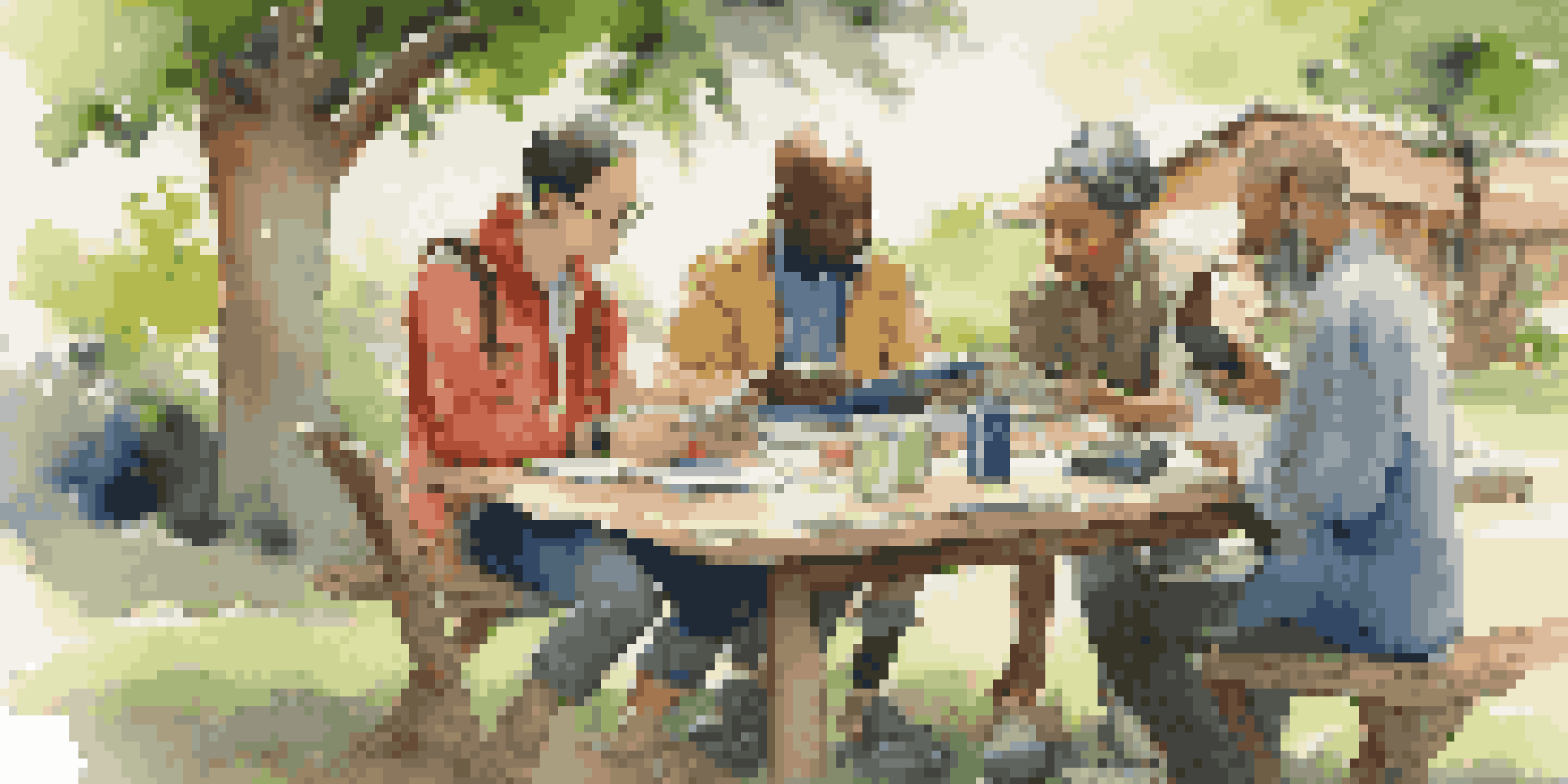 A group of diverse travelers discussing emergency communication strategies in a sunny park, with a map and a smartphone on the table.