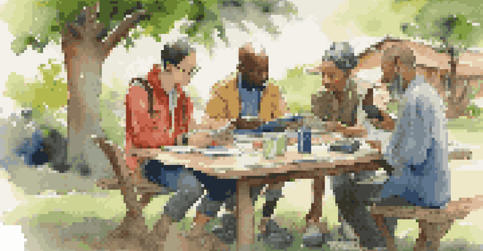 A group of diverse travelers discussing emergency communication strategies in a sunny park, with a map and a smartphone on the table.