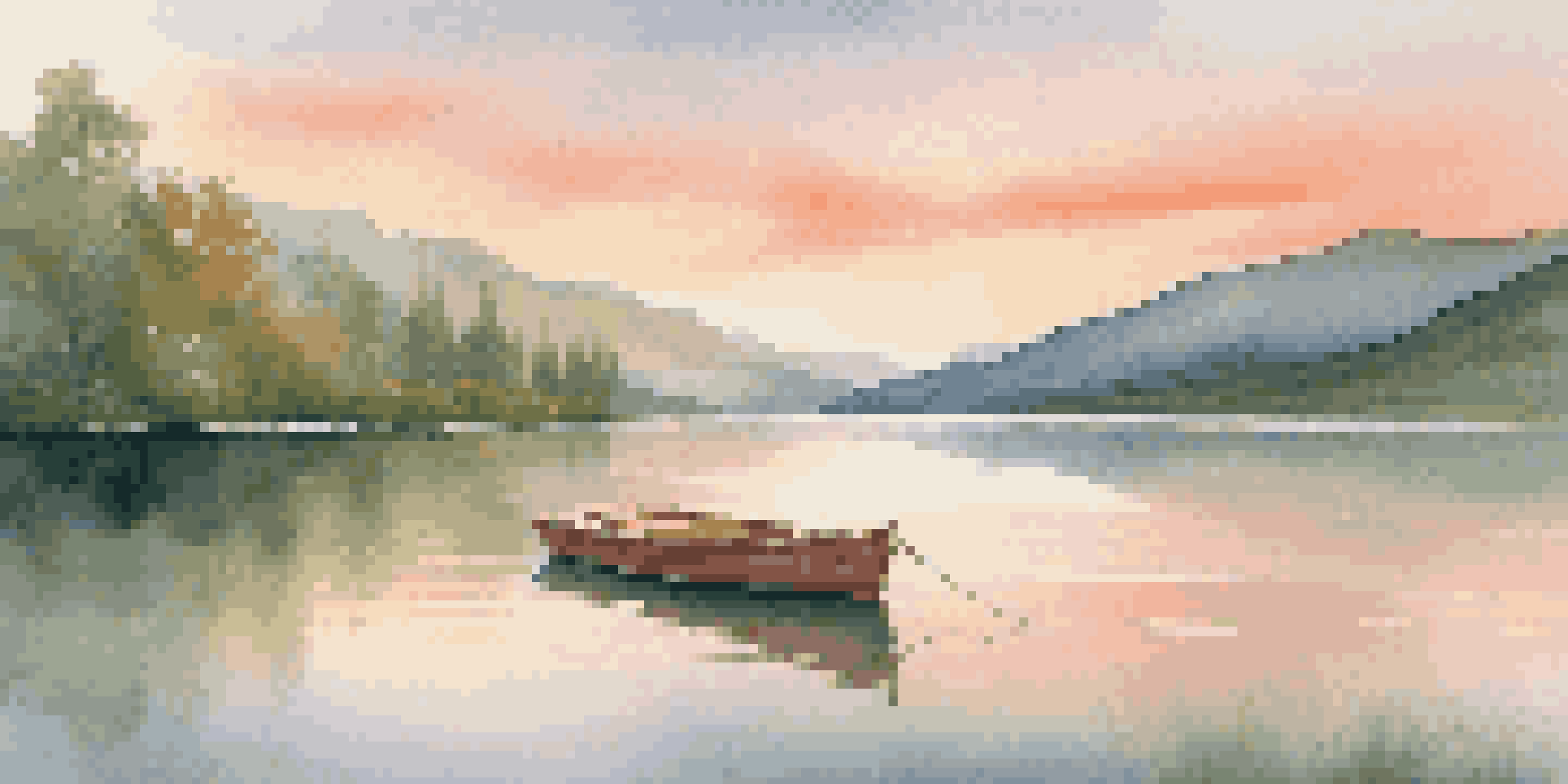 A tranquil lake at sunset, surrounded by green mountains and a wooden boat on the water.