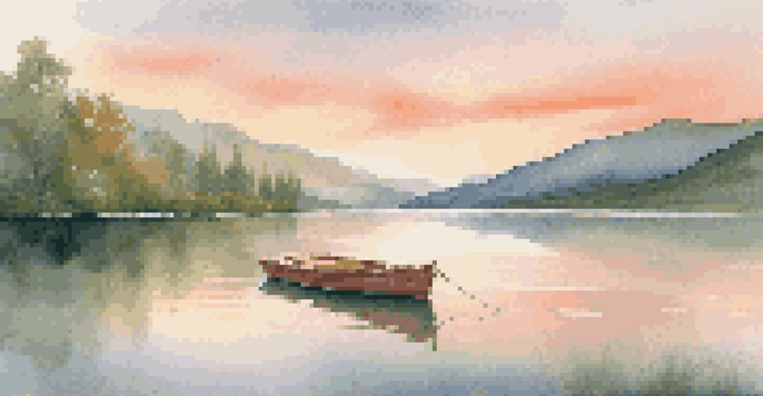 A tranquil lake at sunset, surrounded by green mountains and a wooden boat on the water.