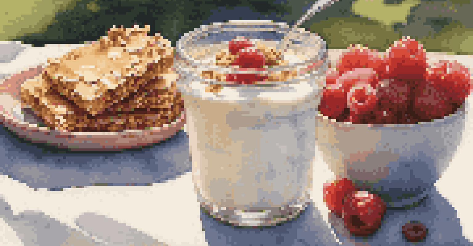 A cup of yogurt topped with granola and fresh berries in an outdoor picnic setting with sunlight.