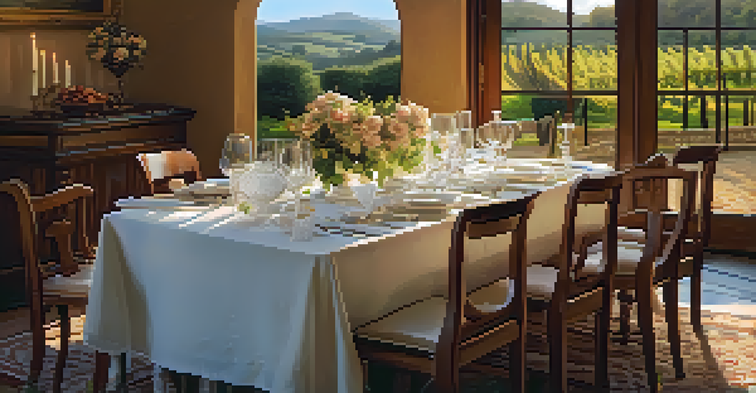 A formal dining table set in a rustic Italian villa with fine china and candlelight, overlooking rolling hills and vineyards at sunset.