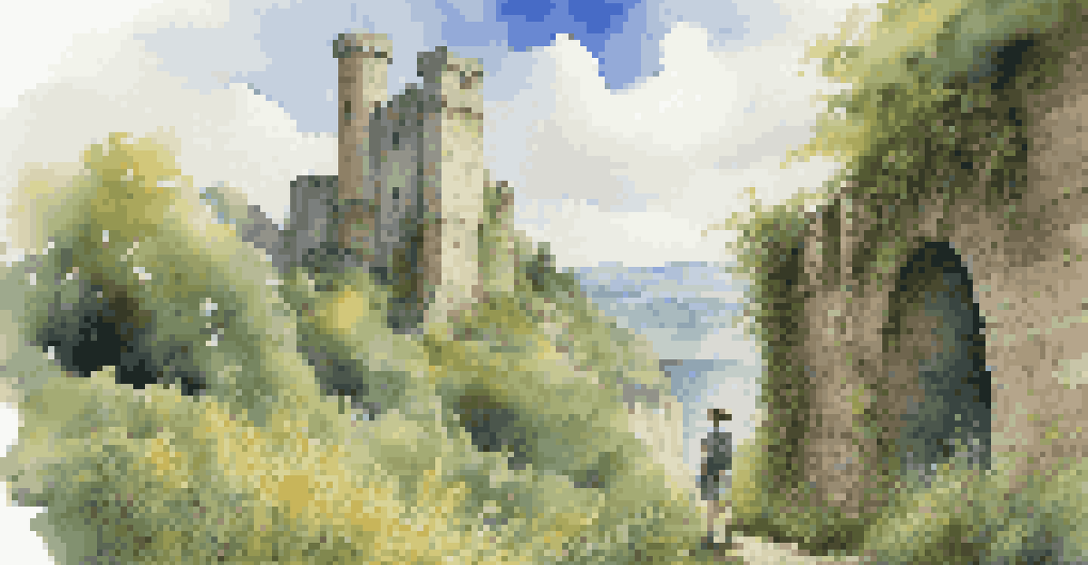 A traveler in hiking attire standing in front of ancient castle ruins, surrounded by greenery and wildflowers.
