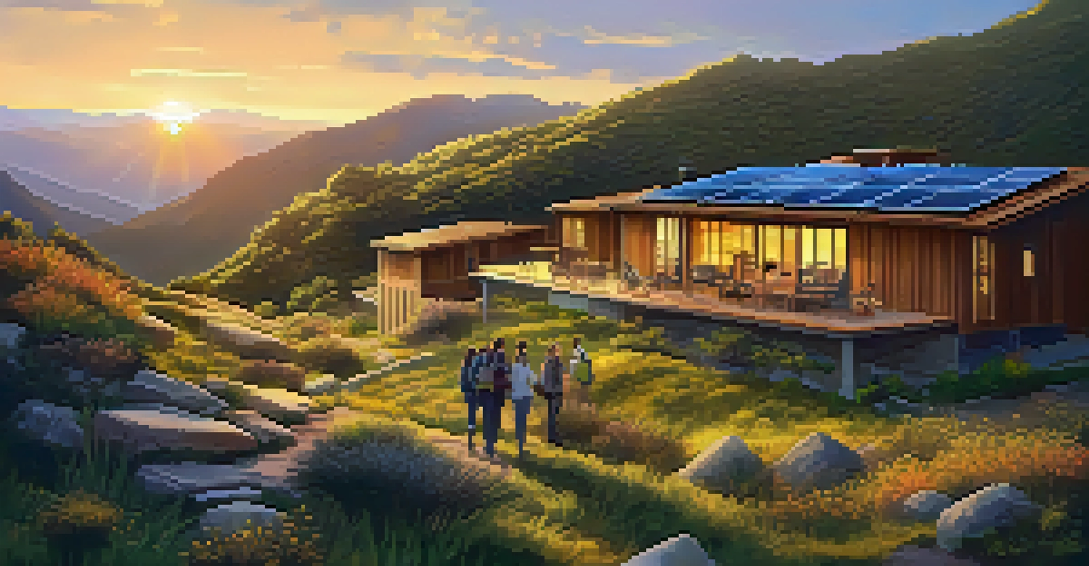 An eco-friendly accommodation with solar panels in a mountainous area during sunset.