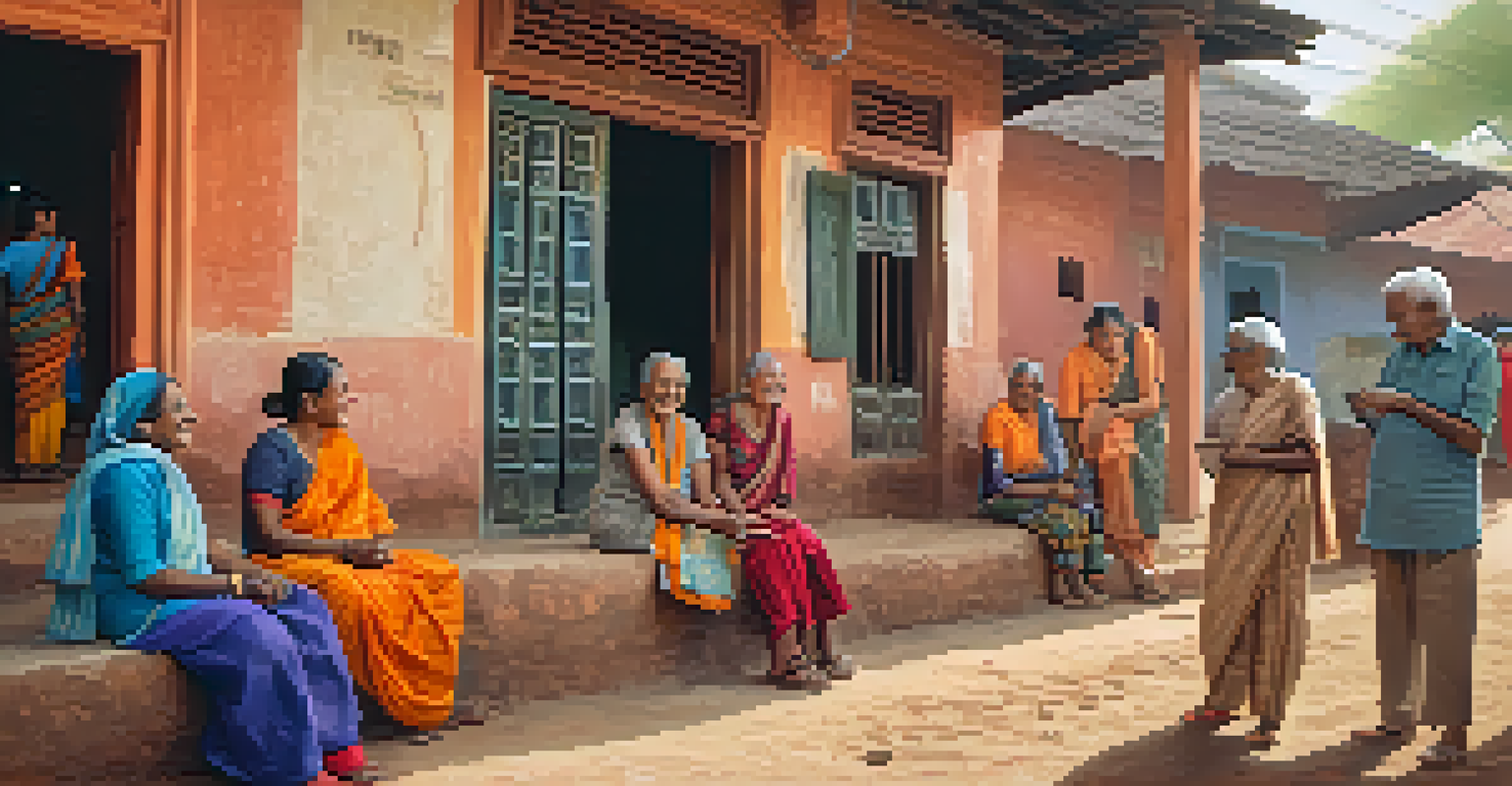 A volunteer is laughing with an elderly woman in a rural Indian community, with traditional architecture and colorful textiles in the background.