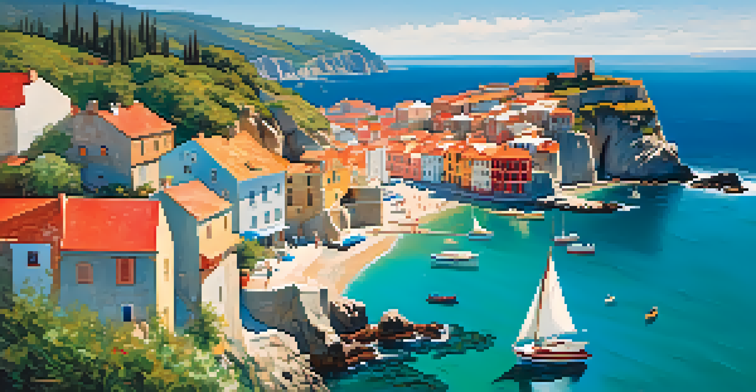 An aerial view of a coastal town with red-roofed houses on a cliff, turquoise waves crashing against the shore, and sailboats in the harbor.