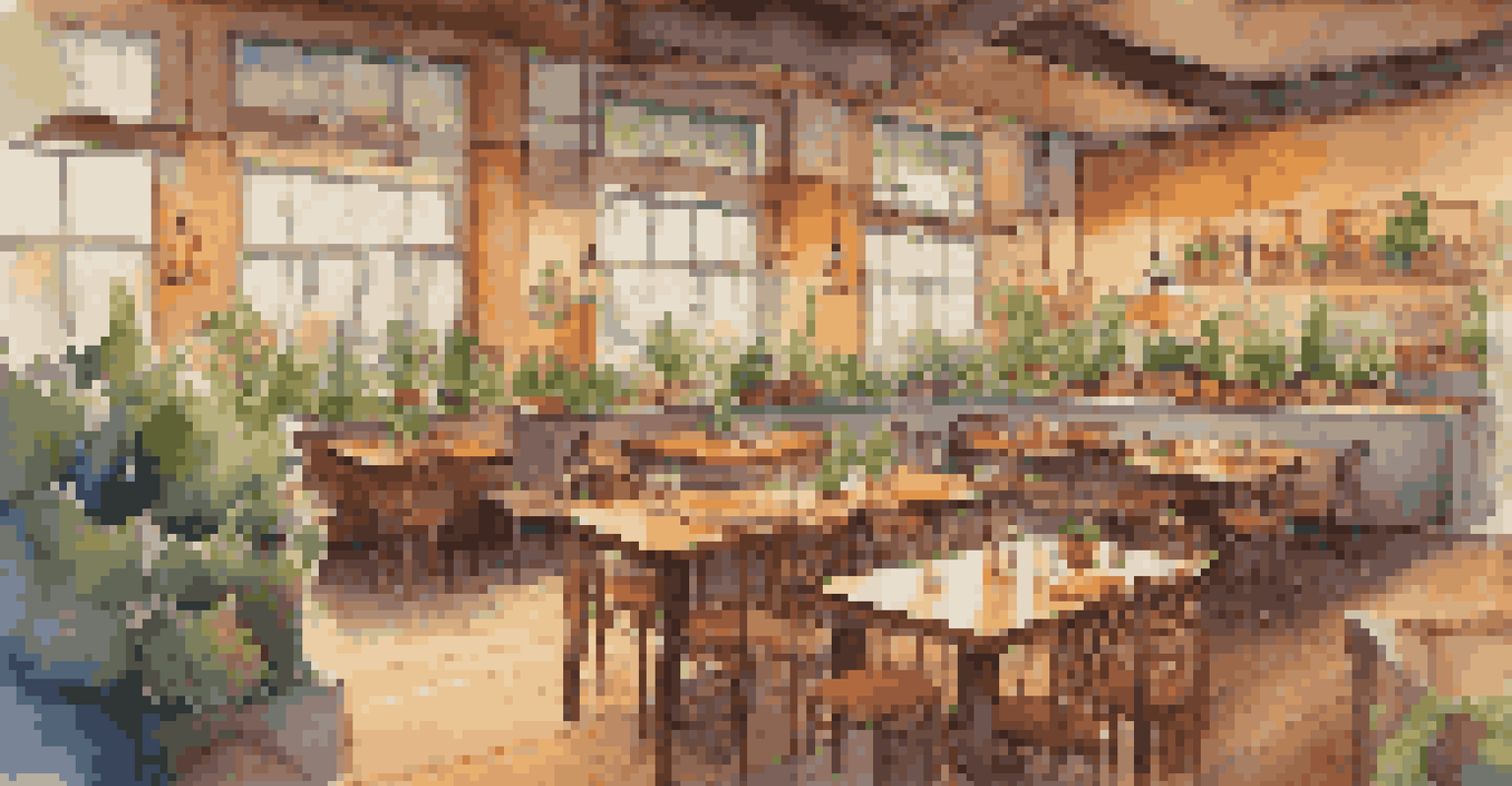 The interior of a vegan restaurant with wooden tables, potted plants, and colorful dishes, illuminated by warm lighting.