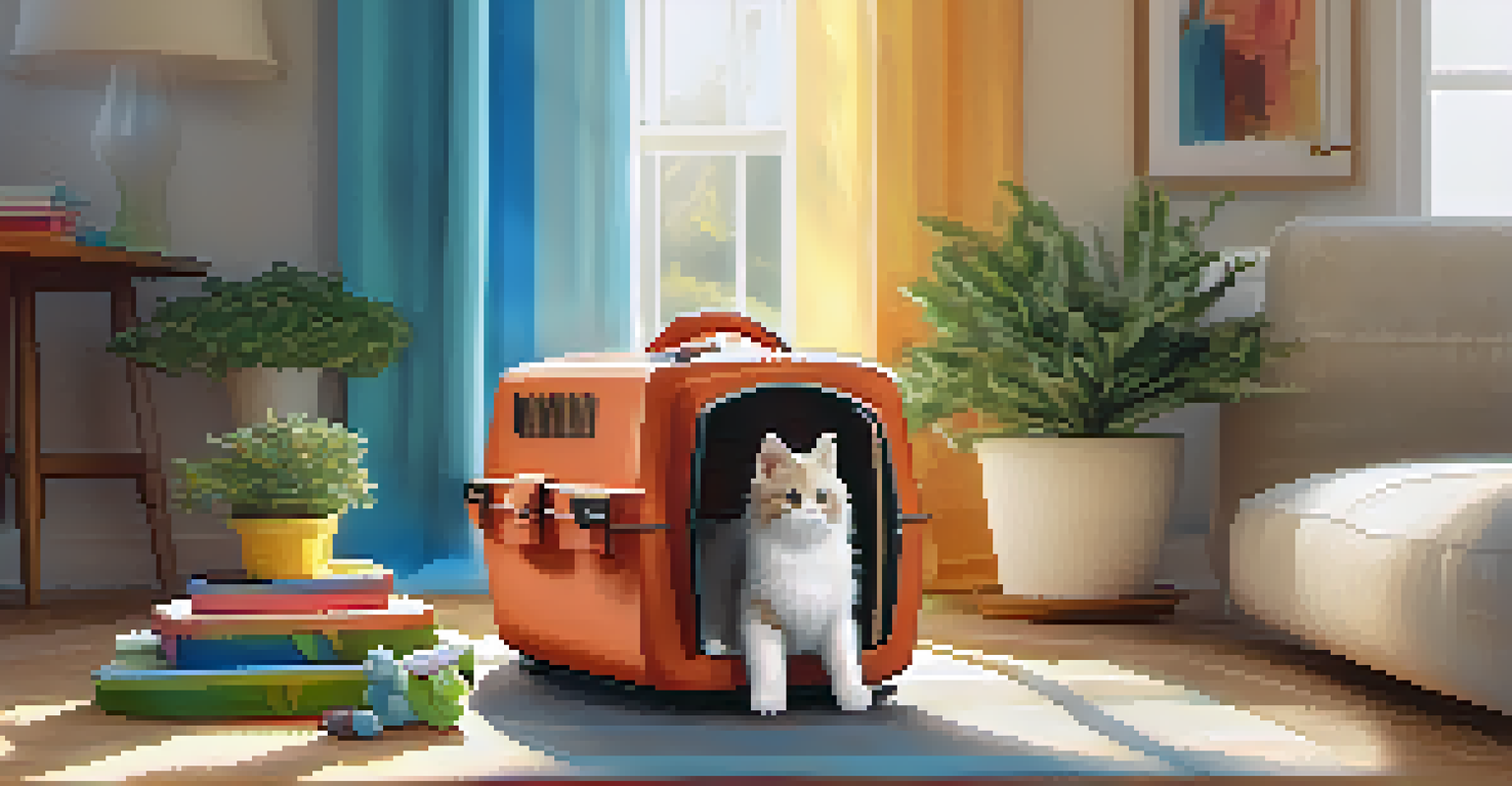 A soft-sided pet carrier with a kitten inside, colorful toys around it, and sunlight filtering through curtains.