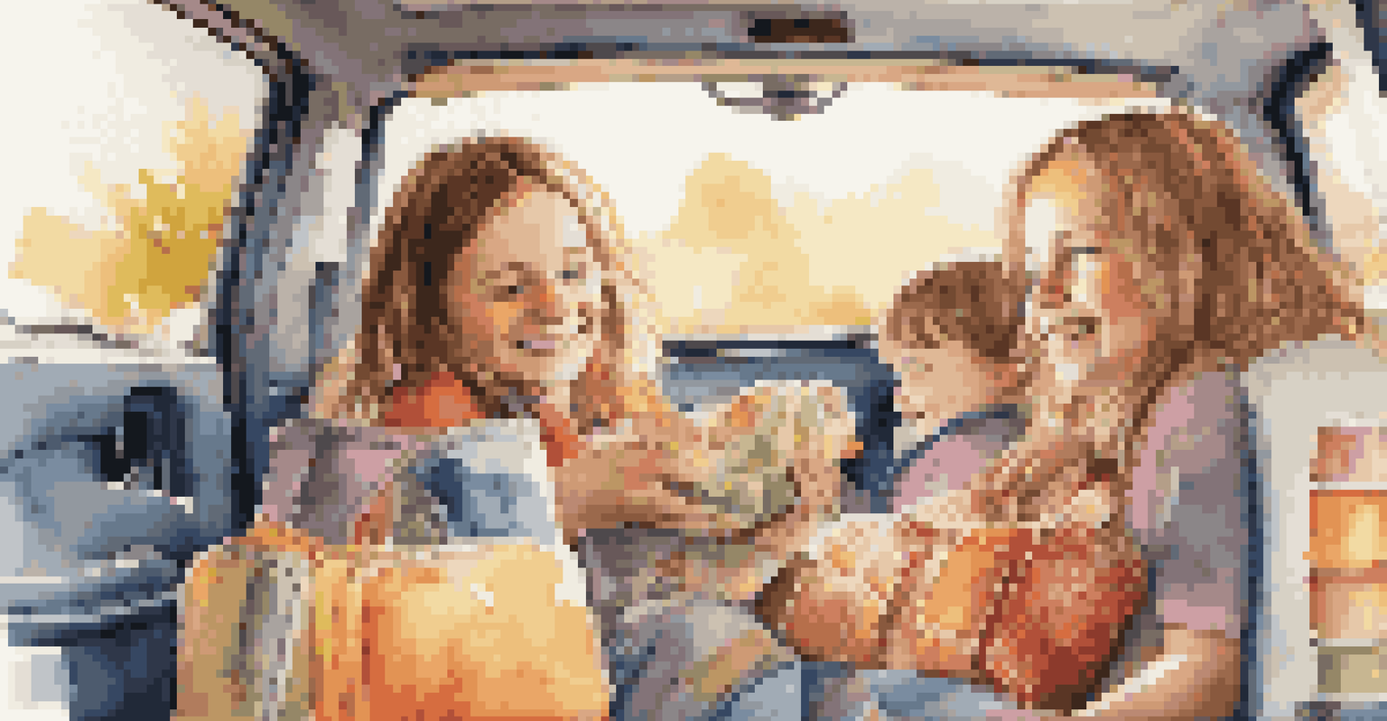 Children playing travel games in a car during a road trip, with snacks and colorful bags around them, illuminated by sunlight.