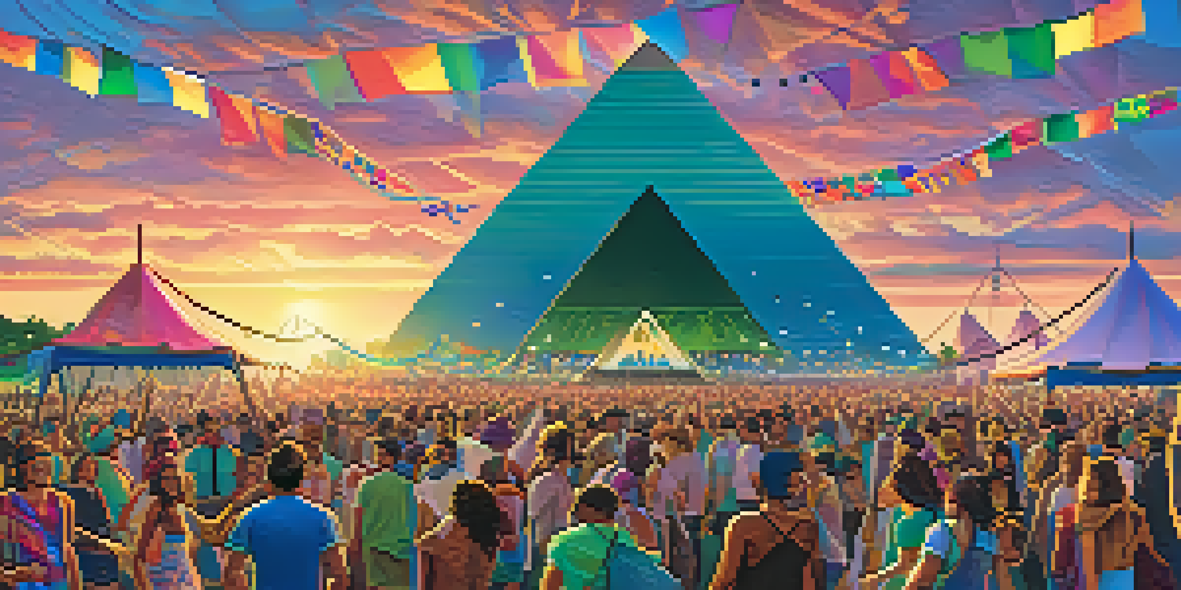 A lively music festival scene with diverse attendees dancing under a colorful sunset, featuring the Pyramid Stage in the background.