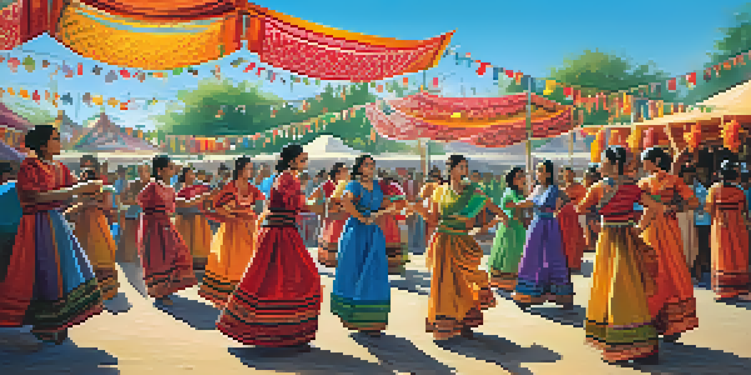 A lively local festival with people in traditional clothing dancing and enjoying music, surrounded by colorful stalls and decorations.