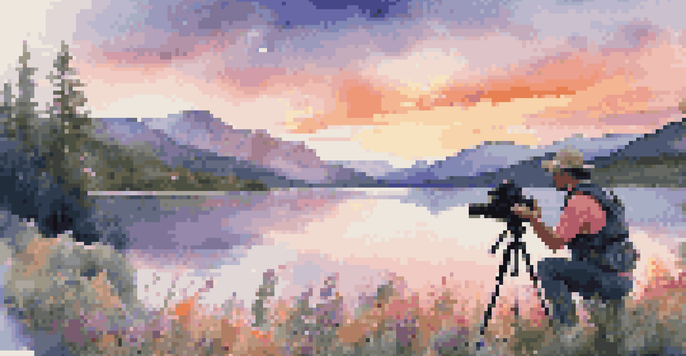 A photographer using a gimbal to capture a sunset over mountains, with a calm lake reflecting the vibrant colors in the sky.