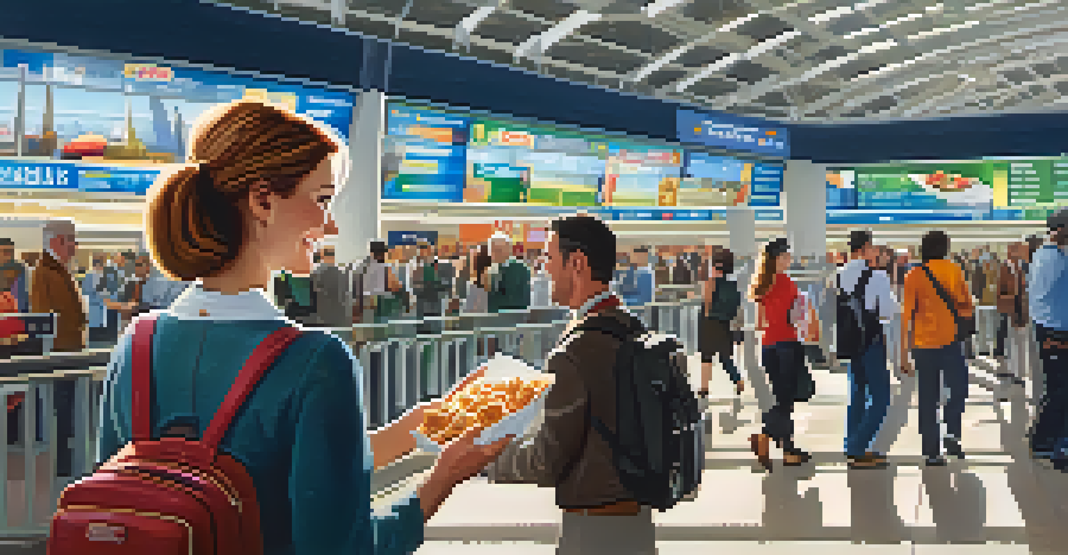 A happy traveler holding gluten-free snacks in an airport terminal.