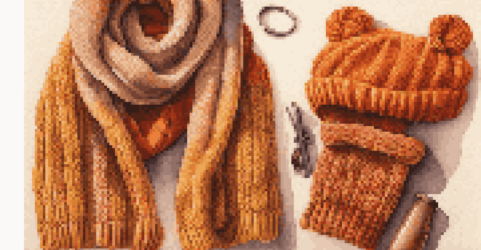 A collection of fall accessories, including a knit scarf, beanie, and gloves, set against a softly lit background.