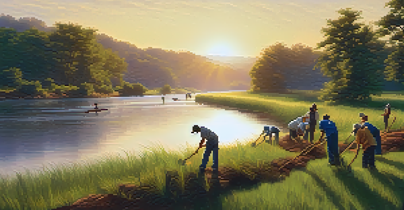 Volunteers planting trees along a riverbank during sunset.