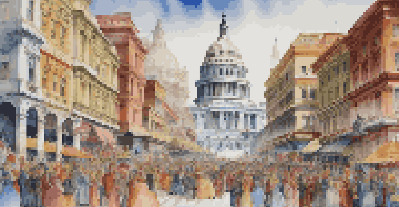 A colorful cityscape inspired by the Capitol, showcasing extravagant buildings and people in vibrant costumes.