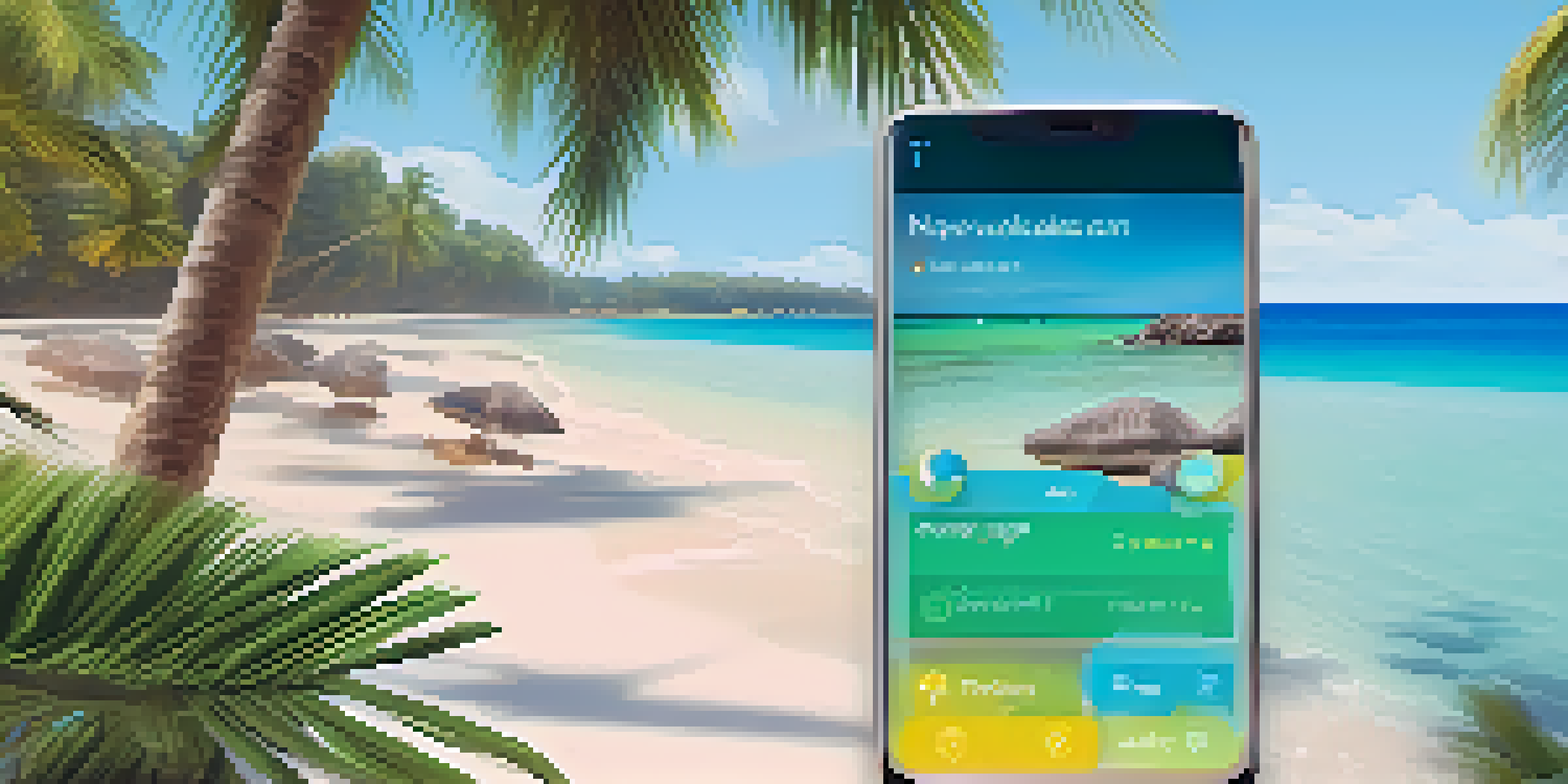 A smartphone displaying a travel bot interface against a blurred tropical beach background.