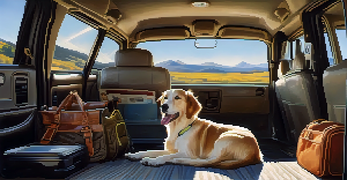 A happy dog secured in a car with a safety harness, surrounded by travel items and a sunny landscape outside the window.