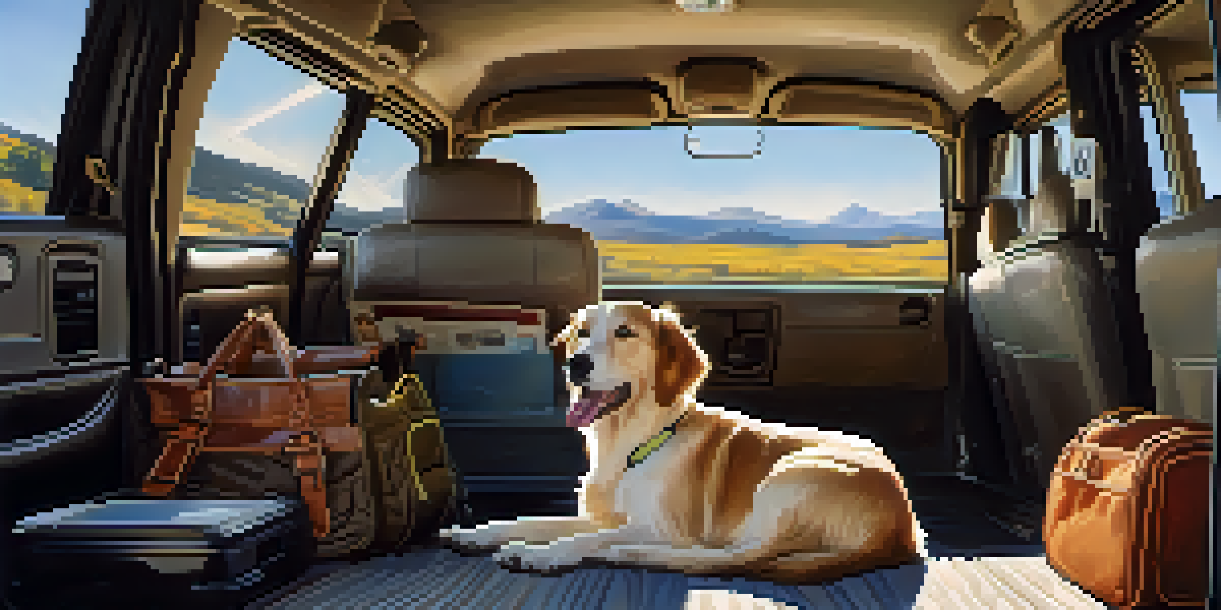 A happy dog secured in a car with a safety harness, surrounded by travel items and a sunny landscape outside the window.