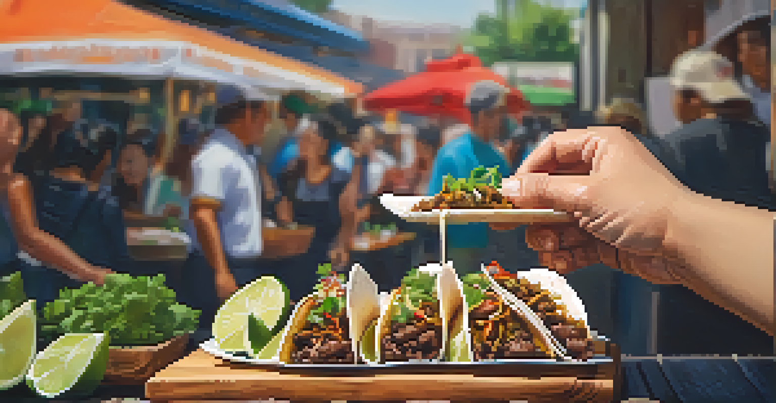 A chef serving a Korean BBQ taco from a food truck, with fresh ingredients displayed on a wooden board and a crowd in the background.