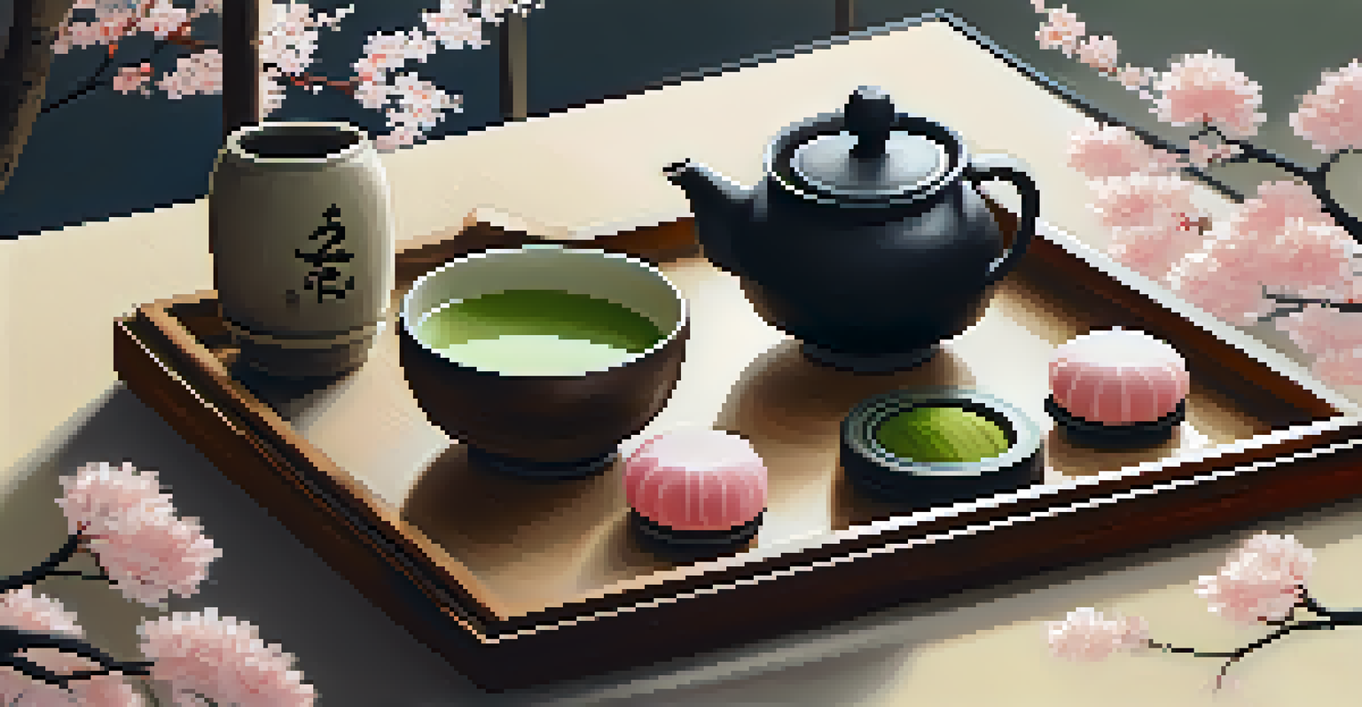 A traditional Japanese tea ceremony scene with wagashi sweets and matcha tea on a wooden tray, surrounded by cherry blossoms and soft light.