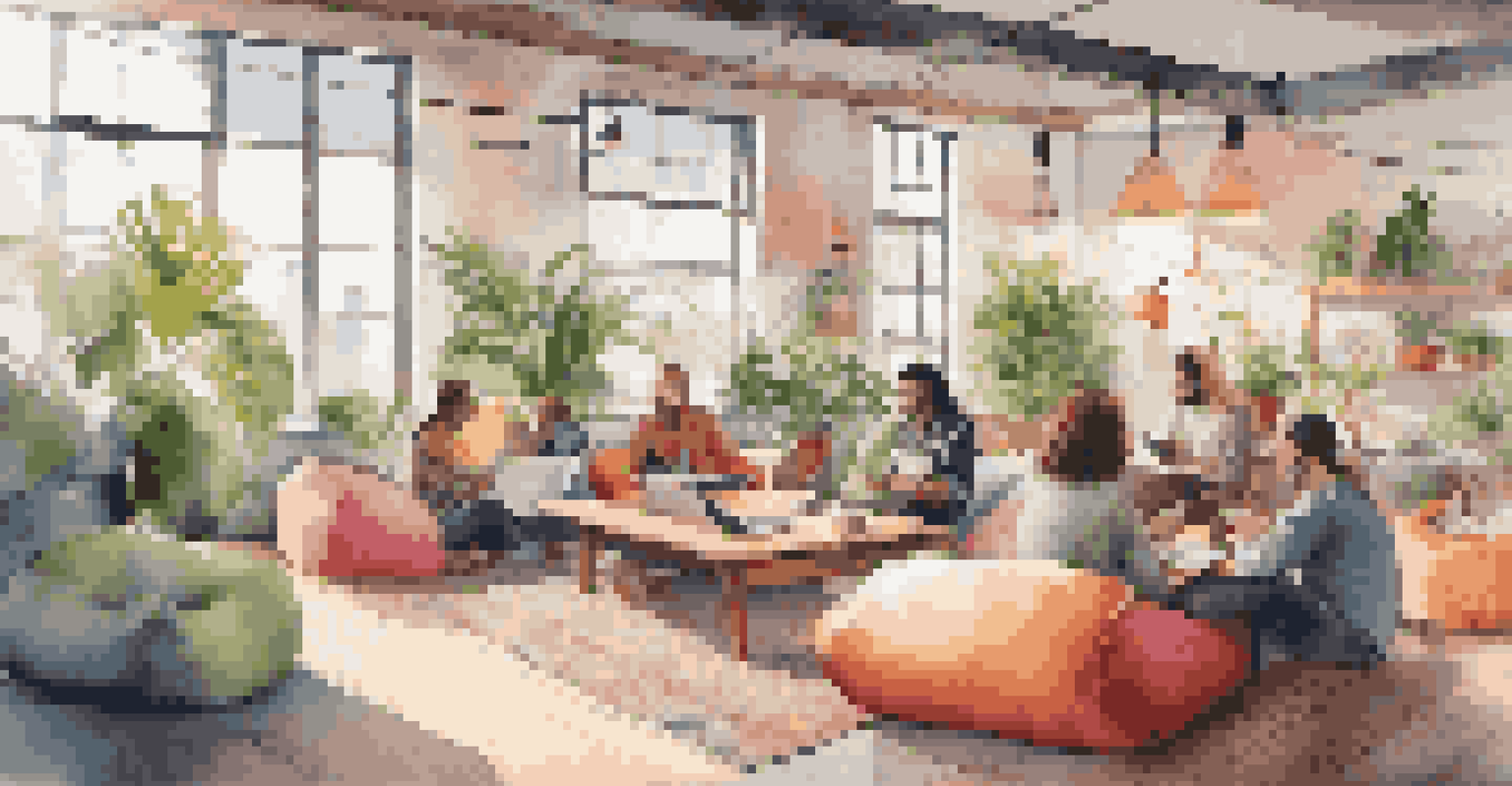 A vibrant co-working space with people collaborating, colorful decor, and bright sunlight.