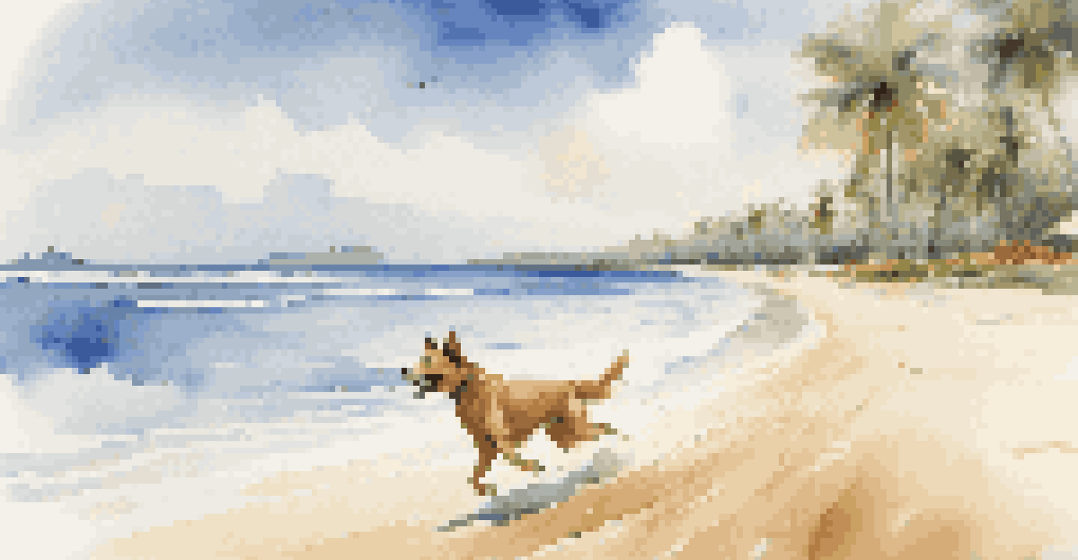 A joyful dog running on a beach with a resort in the background, surrounded by palm trees and a clear blue sky.