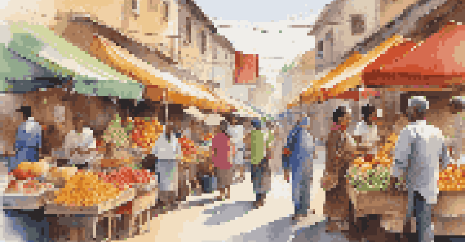 A lively market scene filled with vendors and people sharing cultural experiences.
