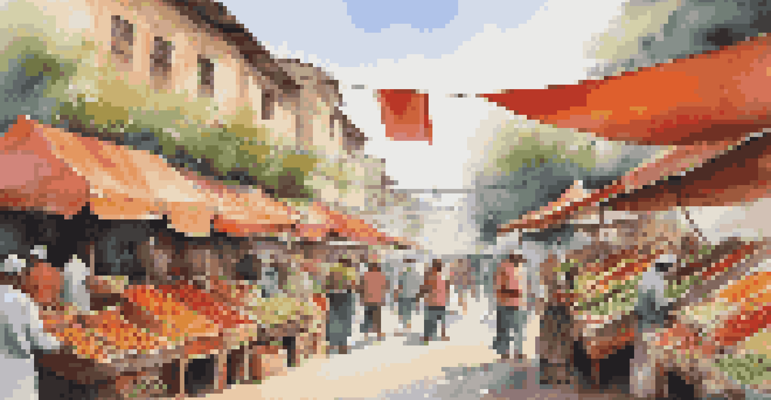 A vibrant outdoor market filled with colorful stalls and people interacting.