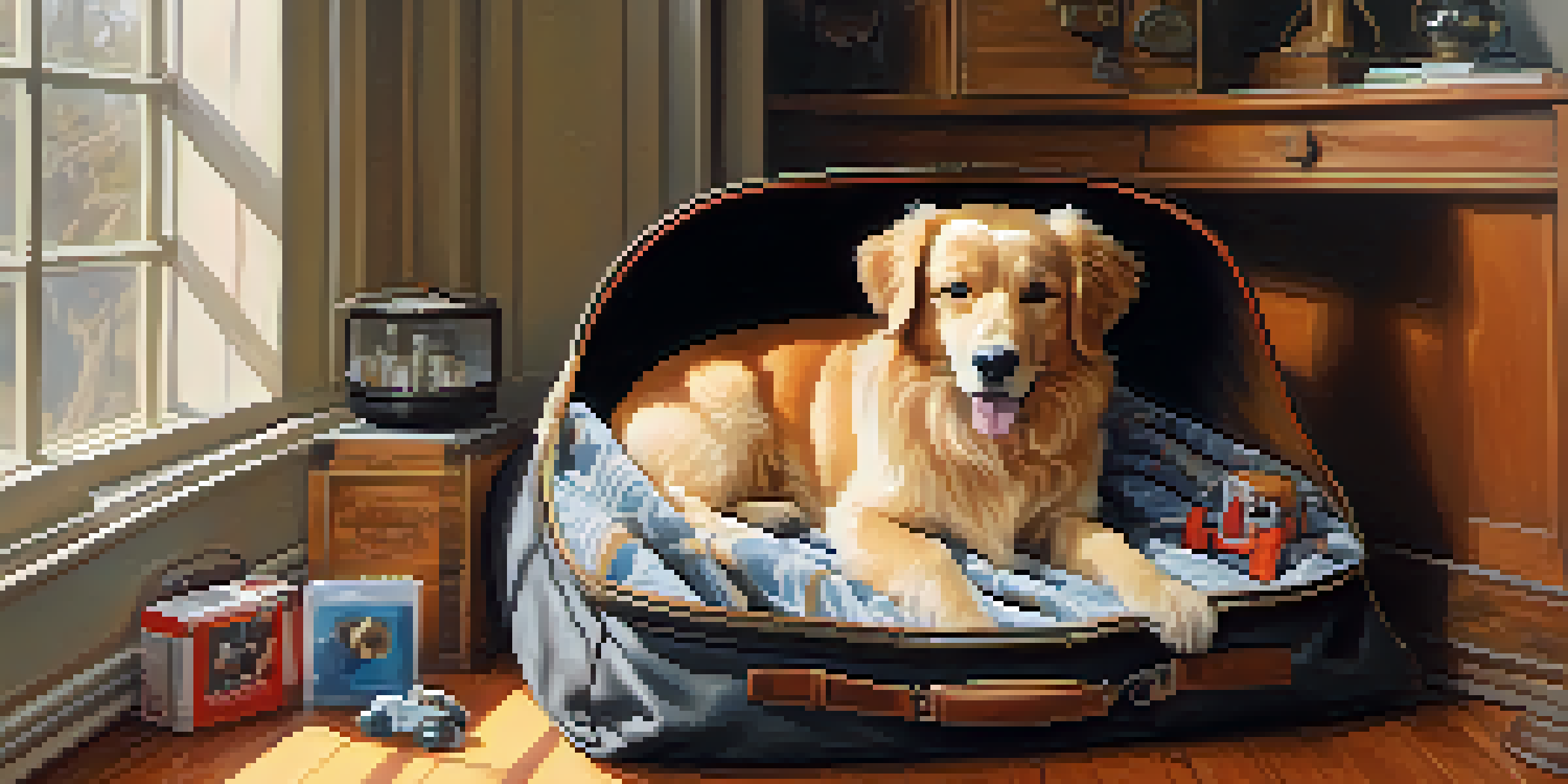 A pet dog resting peacefully in a travel carrier with a blanket and toy, bathed in warm sunlight.