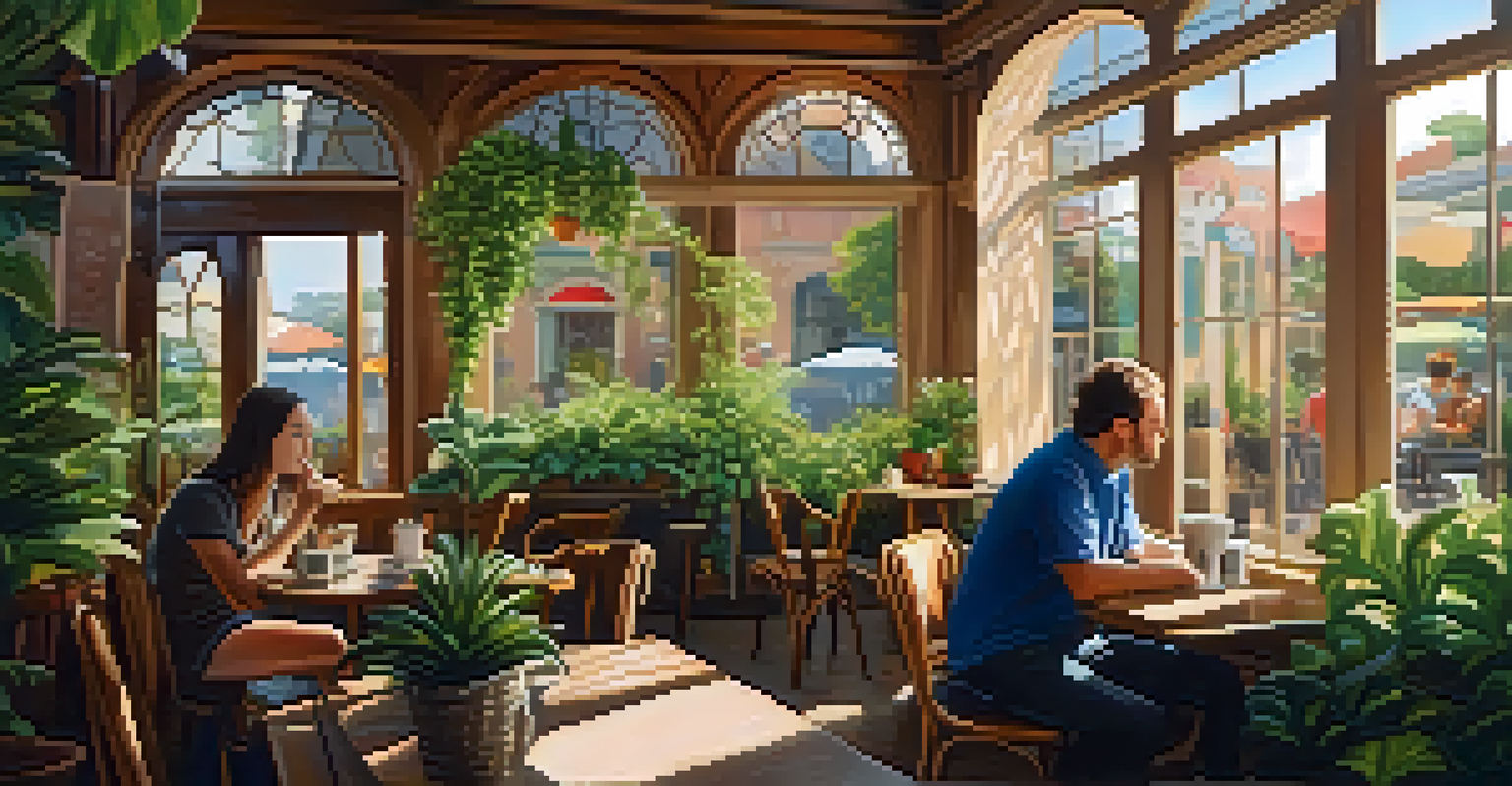 A traveler at a cozy café talking with a local over coffee, surrounded by plants and artistic decor, illuminated by sunlight.