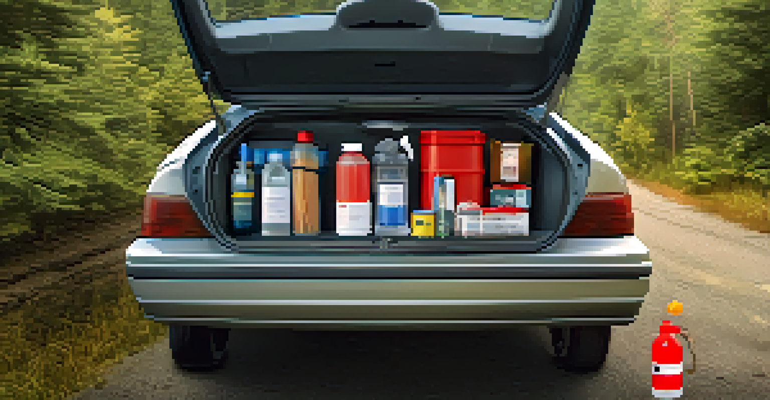 An emergency kit in a car trunk featuring a first-aid box, flashlight, snacks, and tools against a scenic background.