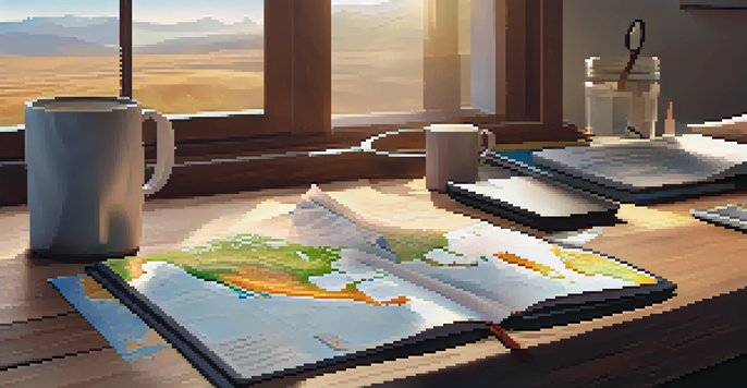 A wooden desk with travel maps, a laptop, a cup of coffee, and a travel guidebook illuminated by warm sunlight.