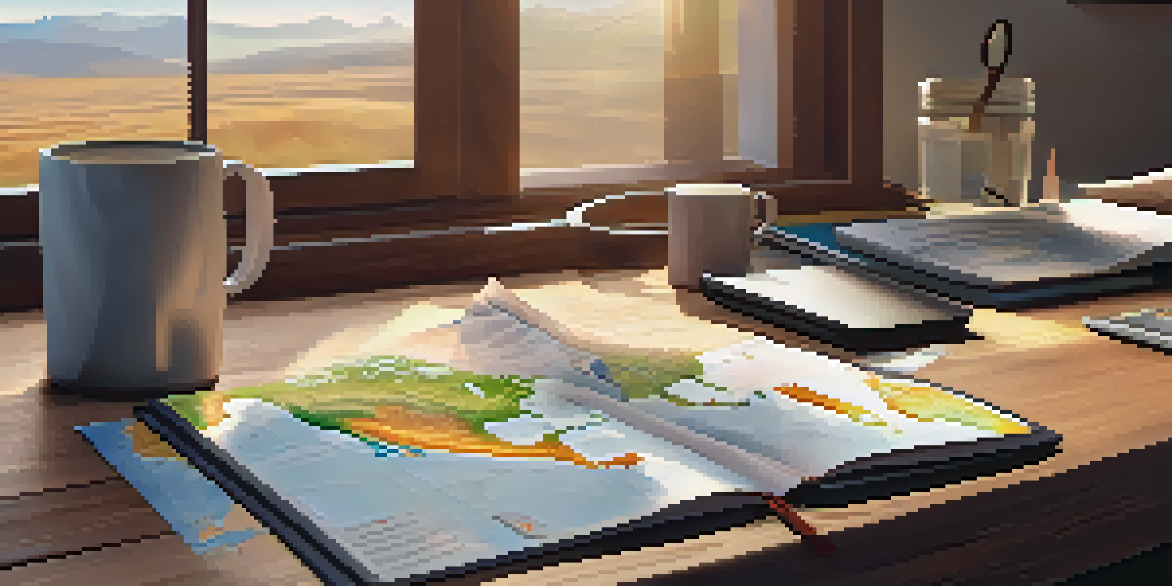 A wooden desk with travel maps, a laptop, a cup of coffee, and a travel guidebook illuminated by warm sunlight.