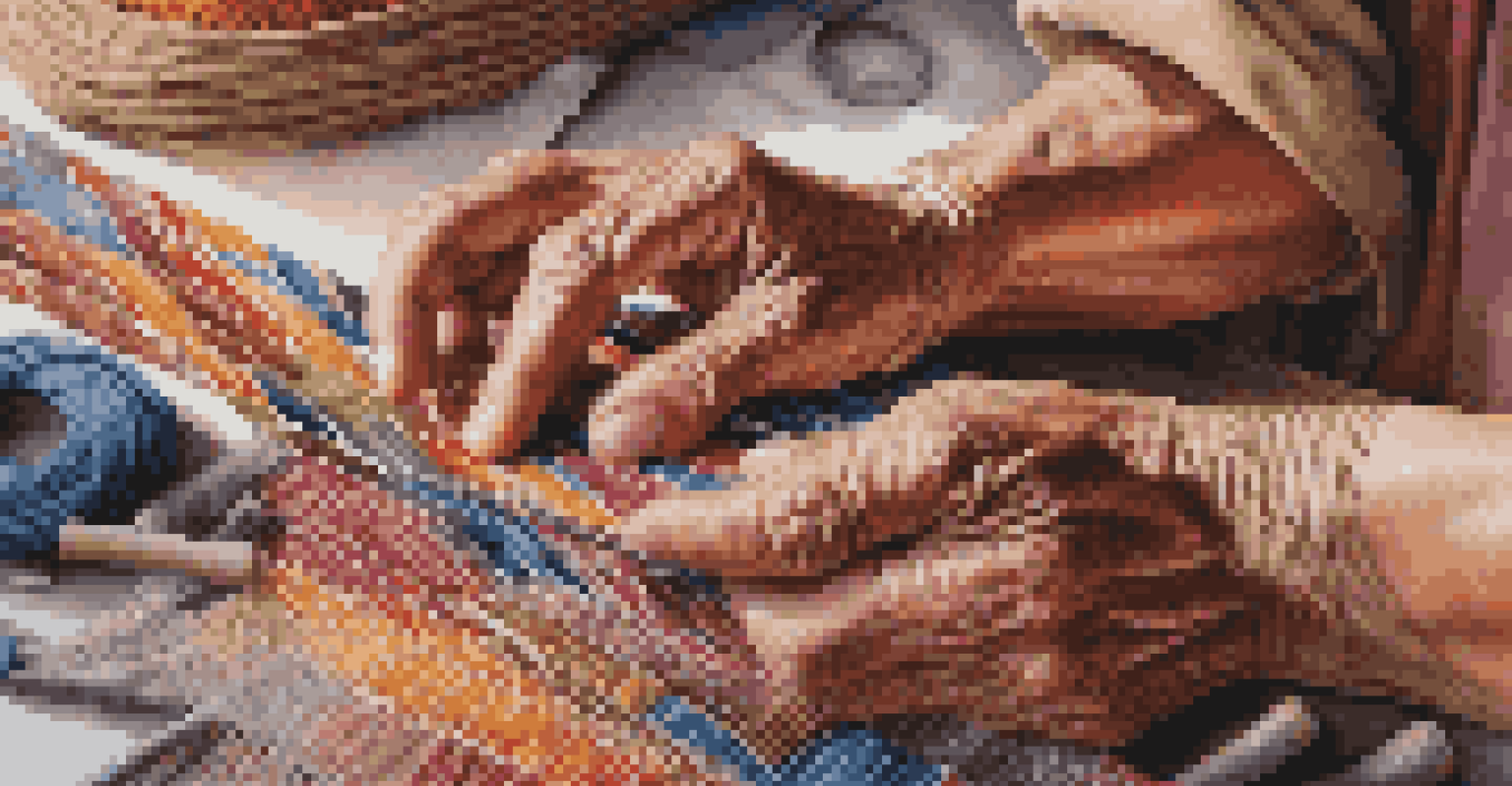 An artisan's hands weaving a colorful textile, showcasing intricate patterns and textures in soft natural light.