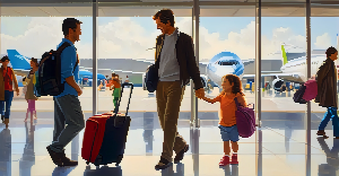 A parent carrying an infant in a baby carrier at the airport, smiling at the baby with colorful luggage around them.