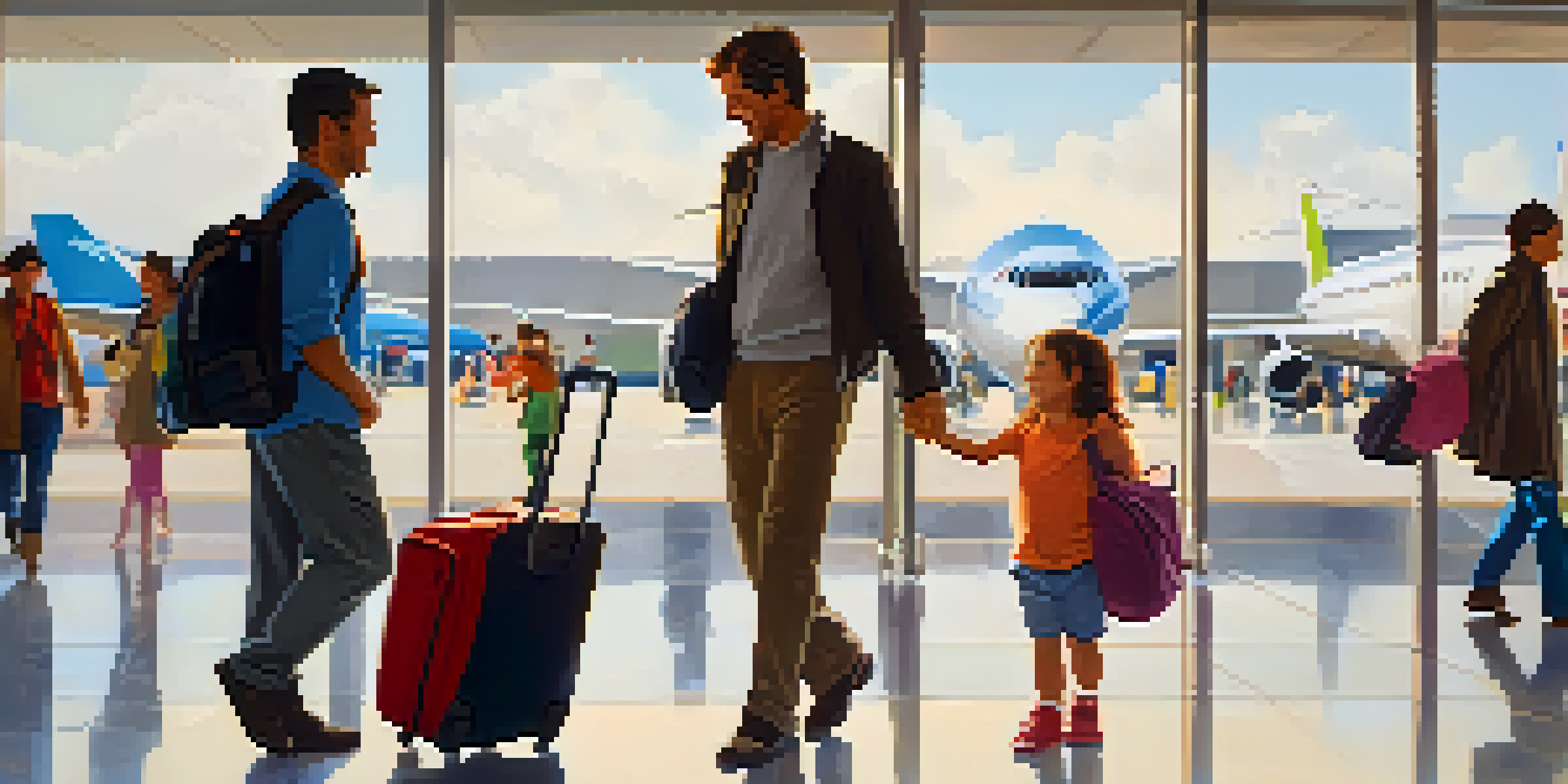 A parent carrying an infant in a baby carrier at the airport, smiling at the baby with colorful luggage around them.