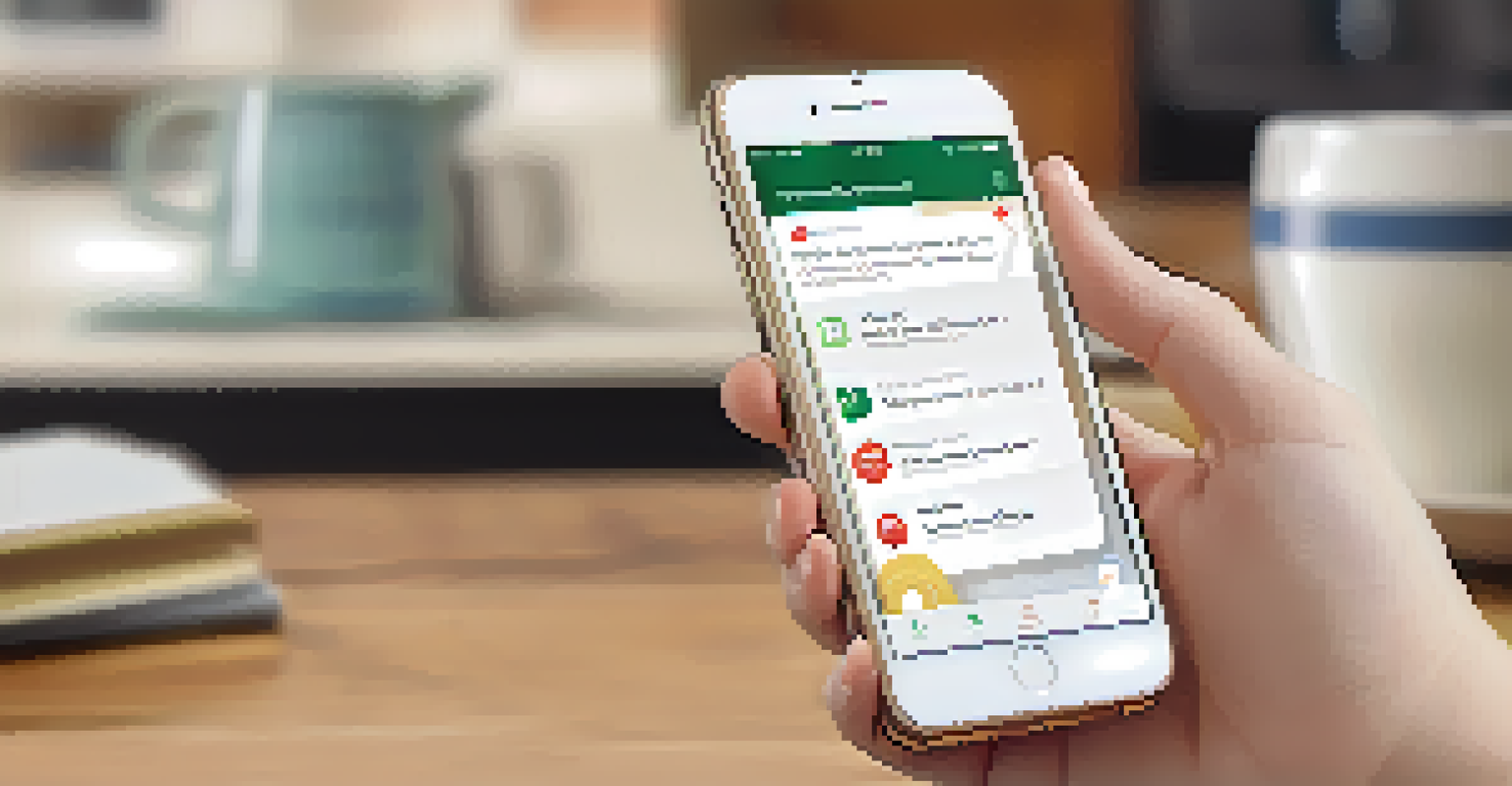 A smartphone showing an emergency contact app with various categories, set against a cozy home background with a cup of coffee.