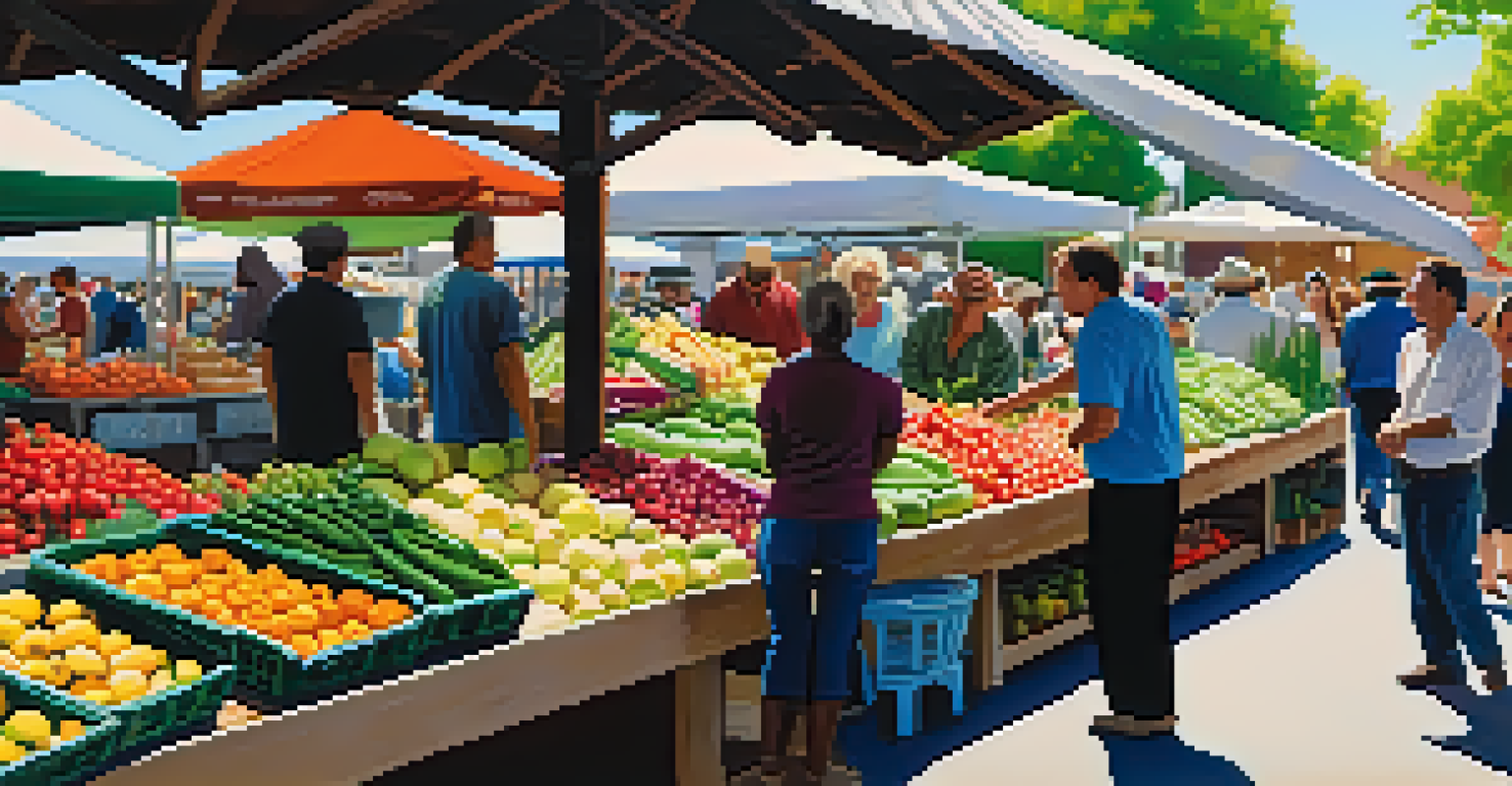 A traveler at a farmers' market selecting fresh produce, with colorful fruits and vegetables around.