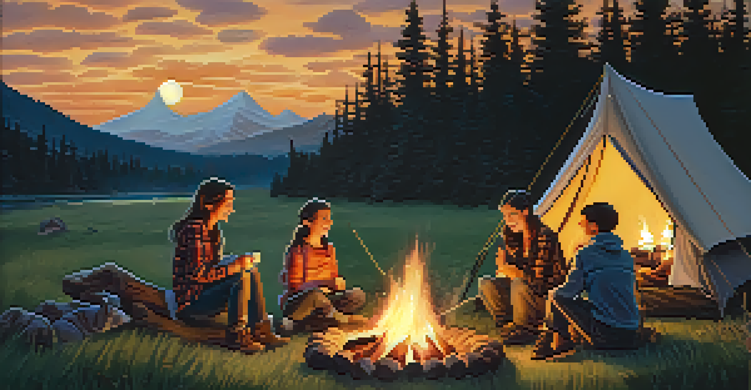A family enjoying a campfire at dusk, roasting marshmallows and sharing stories under a starry sky.