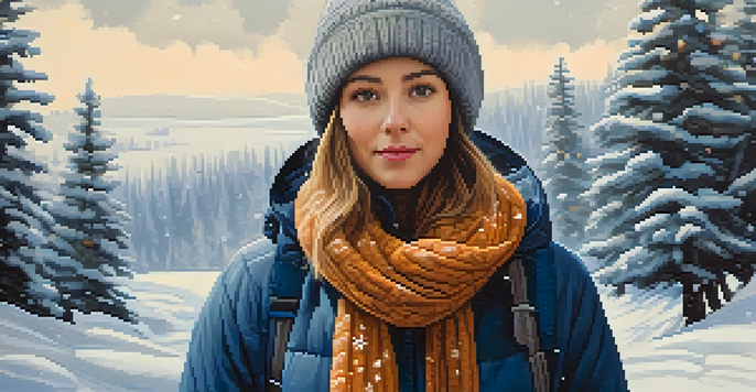 A person in winter clothing stands in a snowy landscape with falling snowflakes and snow-covered trees in the background.