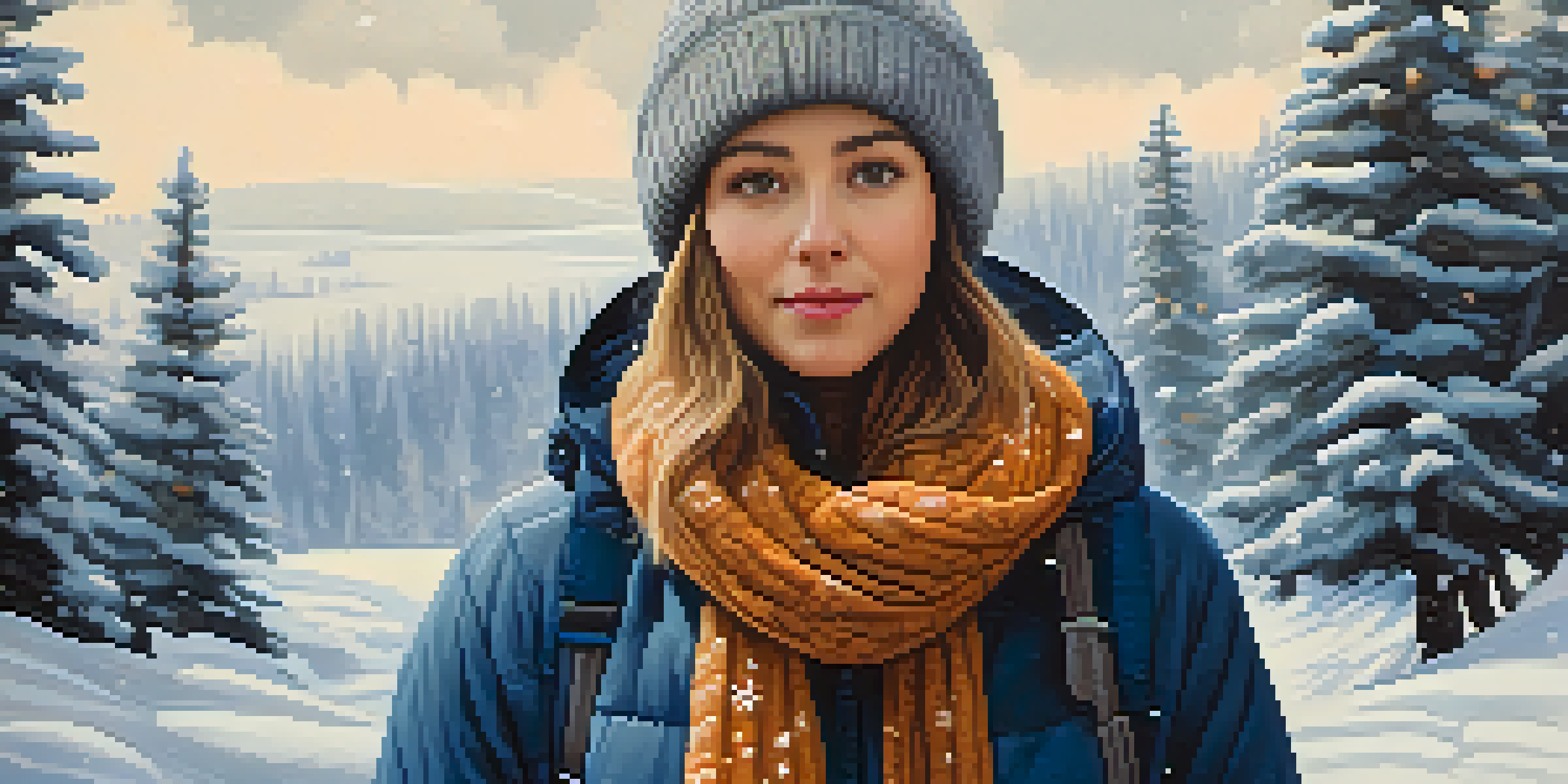 A person in winter clothing stands in a snowy landscape with falling snowflakes and snow-covered trees in the background.