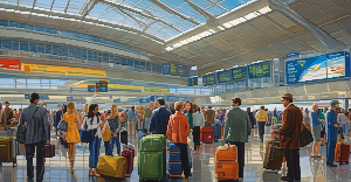 A busy airport terminal with diverse travelers and airline signage, filled with colorful luggage and natural light coming through large windows.