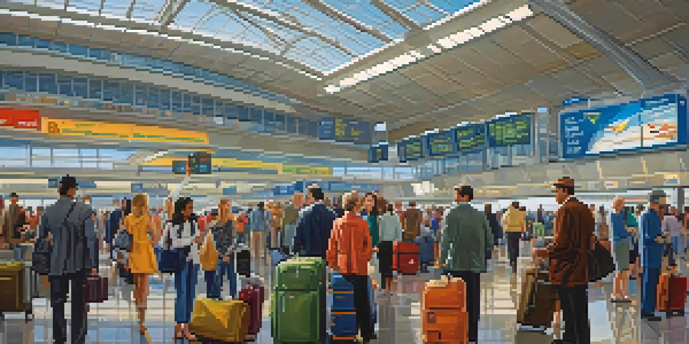 A busy airport terminal with diverse travelers and airline signage, filled with colorful luggage and natural light coming through large windows.
