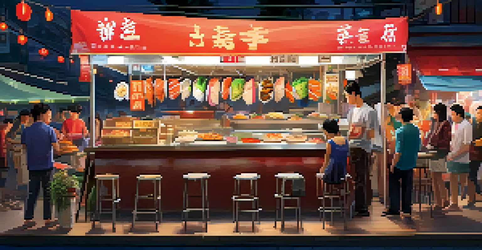 A colorful food stall in a night market featuring sushi burritos and Korean tacos, with happy customers around.