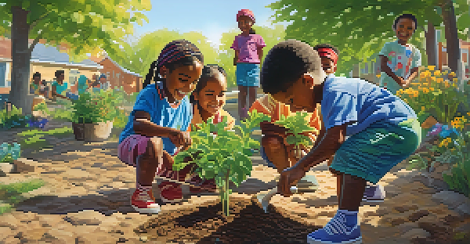 A group of diverse children joyfully planting trees in a sunny community garden, showcasing teamwork and friendship.
