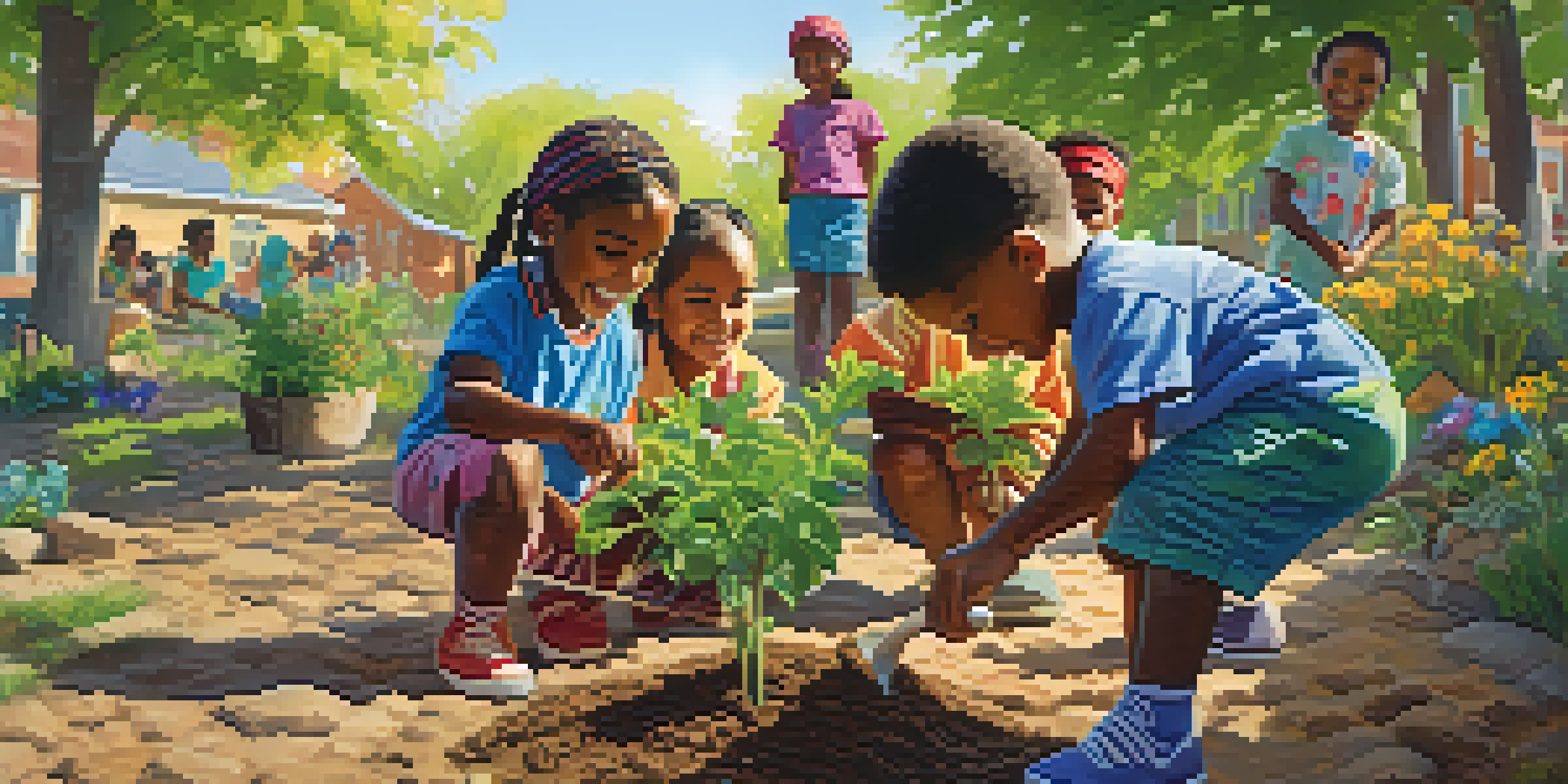 A group of diverse children joyfully planting trees in a sunny community garden, showcasing teamwork and friendship.